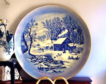 Currier and Ives “A Home in The Wilderness” Vintage Blue and White Collectible Display Plate