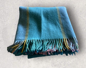 Vintage Bergerpledd 100% Pure Wool Blanket Blue and Pink Plaid Made in Norway
