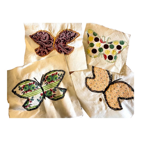 Vintage Quilt Blocks, Set of 4 (Four) Butterfly Squares Multi Color Farmhouse Style Quilt Blocks