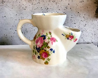 Antique Scuttle Mug English Porcelain with a Floral Design of Pink Roses Transferware Ironstone Shaving Cup