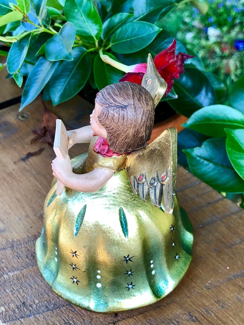 Christmas Collectible circa 1950s Made in Italy Vintage Anri Angel Hand Carved Iridescent GoldGreen Caroler Figurine