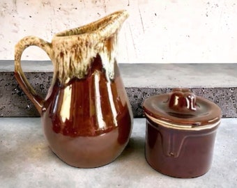 Vintage Hull Dark Brown Drip Glazed Cream Pitcher and Sugar 1950s Rustic Kitchen Design USA Pottery