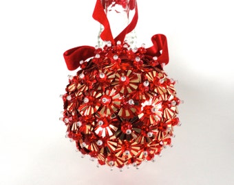 Vintage Christmas Ornament, Handmade Beaded Ornament, 1960's Retro Ornament, Red and Gold Sequin, Pearl and Red Beaded Round Ornament