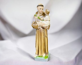 Vintage St. Anthony of Padua Chalk/Plaster Monk Holding Bible and Baby Jesus Vintage Hand-Painted Religious Statuory