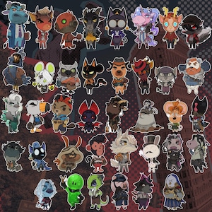 Può includere: Una collezione di personaggi di animali dei cartoni animati con vari abiti ed espressioni. I personaggi sono in una varietà di colori, tra cui blu, rosso, verde e viola. Lo sfondo è rosso scuro con un paesaggio urbano.