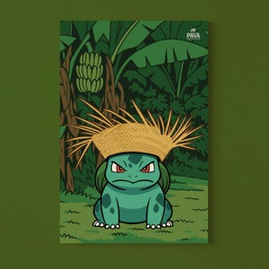 Könnte beinhalten: Eine grüne Illustration eines Bisasams mit Strohhut, vor einem Dschungel-Hintergrund mit Bananenbäumen. Das Kunstwerk hat einen Cartoon-Stil, mit dem PAVA Collective-Logo oben rechts.