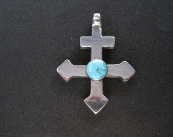 Sterling Patriarchal Cross, Large Sterling and Turquoise Cross, Cuttle Bone Cast, Christian Jewelry, Religious Jewelry, Latin Cross,