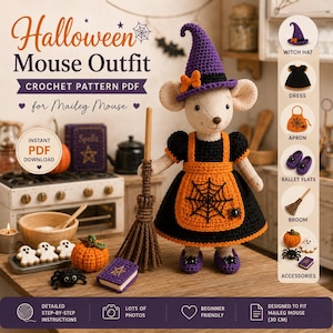 Könnte beinhalten: Eine Häkelanleitung als PDF für ein Halloween-Maus-Outfit, bestehend aus einer Mauspuppe mit violettem Hexenhut, schwarzem Kleid und orangefarbener Spinnennetz-Schürze sowie Zubehör wie einem Besen, Ballerinas und einem kleinen Zauberbuch.