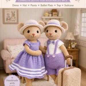 May include: Two crocheted Maileg mice dressed in outfits. One mouse wears a purple dress with white stripes, the other wears purple shorts and braces. Both wear hats and ballet flats. A suitcase is next to one mouse. The text reads "Maileg Mouse Outfit Set".