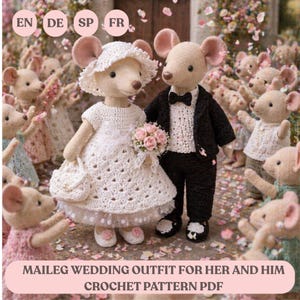May include: A crochet wedding scene featuring two mouse dolls dressed as a bride and groom. The bride wears a white dress, hat, and carries a bouquet. The groom wears a black suit and bow tie. Other mouse dolls are in the background. The text reads "MAILEG WEDDING OUTFIT FOR HER AND HIM CROCHET PATTERN PDF."