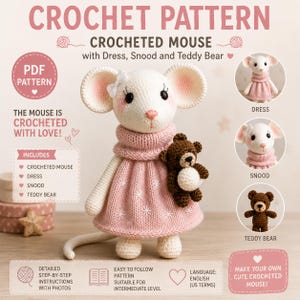 Virkmönster för mus i PDF-format | Amigurumi-mus med klänning, halsduk och nallebjörn | Söt virkad docka | Maileg-stil leksak