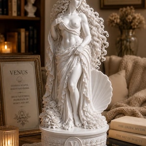 May include: A white marble statue of Venus, the goddess of love and beauty, with long flowing hair and draped fabric. The statue is on a round base with floral details and the letter "V". A framed sign reads "Venus".