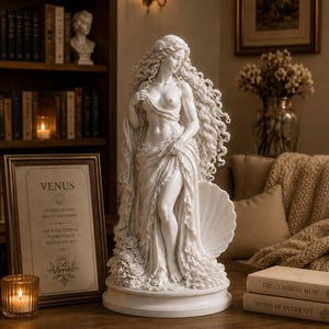 May include: A white marble-style statue of a standing figure with long flowing hair, draped in fabric, and positioned next to a large seashell. The statue rests on a circular base and is displayed alongside a framed sign labelled VENUS.