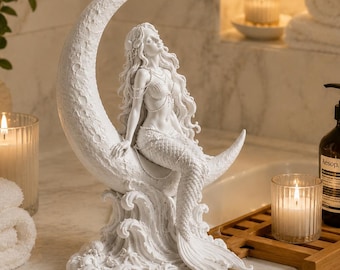 White Mermaid Statue, Coastal Beach House Decor, Ocean Inspired Figurine, Feminine Spa Home