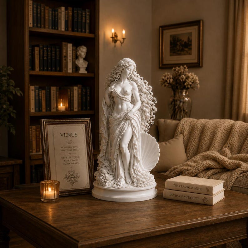 May include: A white marble-style statue of a standing figure with long flowing hair, draped in fabric, and positioned next to a large seashell. The statue rests on a circular base and is displayed alongside a framed sign labelled VENUS.