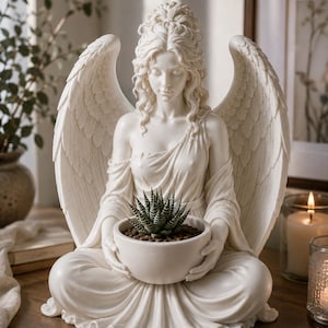 May include: A white, matte-finish sculpture of a seated angel with large, feathered wings. The figure has long, wavy hair and wears a draped garment. The angel holds a small, round white planter containing a green and white striped succulent plant.