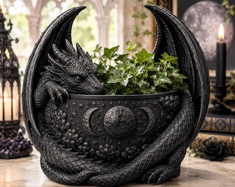 Maceta Dragón con Fases Lunares, Macetero Gótico de Fantasía, Decoración Celestial