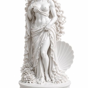 May include: A white marble statue of a woman with long, curly hair and draped fabric. The sculpture stands on a round base adorned with floral details and a central emblem. A large seashell is behind the figure.