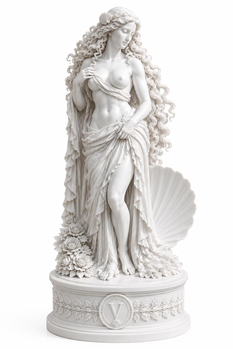 May include: A white marble statue of a woman with long, curly hair and draped fabric. The sculpture stands on a round base adorned with floral details and a central emblem. A large seashell is behind the figure.