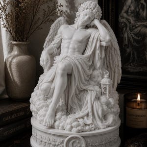 May include: A white sculpture of an angel reclining on a cloud-like base. The angel has detailed wings and is draped in flowing fabric. A small lantern with a crescent moon and stars sits beside the angel. The base has a decorative floral design.