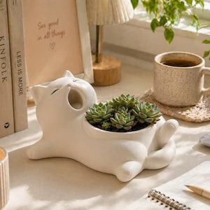 May include: A white ceramic cat-shaped planter, yawning with a succulent arrangement inside. The planter is on a desk with books, a candle, a coffee mug, and a framed print that says "See good in all things".