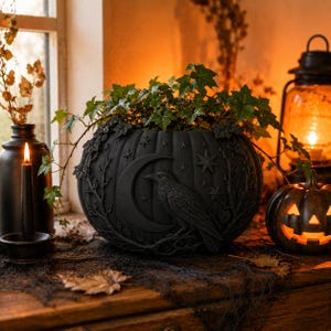 Puede incluir: Una maceta negra mate con forma de calabaza que presenta un diseño en relieve de un cuervo posado sobre una luna creciente rodeada de estrellas y motivos de enredaderas. La maceta está llena de hiedra verde y tiene una superficie texturizada.