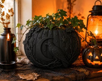Maceta de calabaza Raven Moon, maceta gótica celestial, decoración de Halloween con temática de brujas.