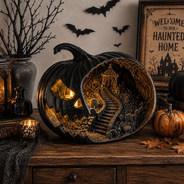 Haunted Pumpkin Lantern, Gothic Jack O Lantern, Spooky Cemetery Scene, Halloween Decor (8 Inch)
