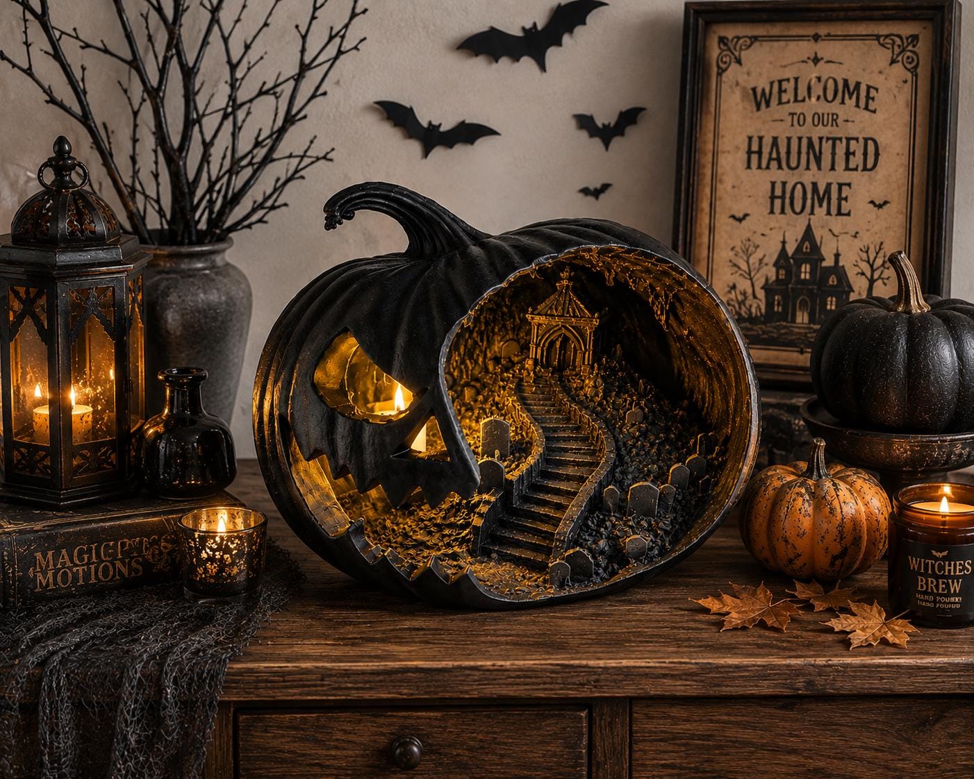 Haunted Pumpkin Lantern, Gothic Jack O Lantern, Spooky Cemetery Scene, Halloween Decor (8 Inch)