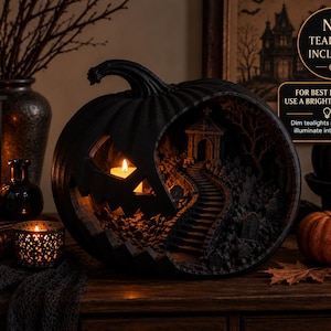 Könnte beinhalten: Eine schwarze, hohle Kürbisskulptur mit einer geschnitzten Friedhofsszene, die eine Steintreppe zu einem Mausoleum zeigt. Der Text auf dem Bild lautet: NO TEALIGHT INCLUDED und FOR BEST RESULTS USE A BRIGHT LED LIGHT.