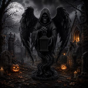 May include: A dark, hooded skeletal figure with large, feathered wings stands in a graveyard. The figure holds a rectangular lantern in its hands. The scene is set at night under a full moon, surrounded by carved jack-o'-lanterns and lit candles.