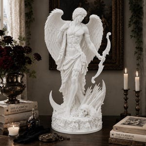 Puede incluir: Una estatua blanca de una figura alada con cabello rizado, sosteniendo un arco curvo. La figura se alza sobre una base que presenta una calavera y elementos puntiagudos. La escultura tiene un acabado blanco mate con musculatura y telas detalladas.
