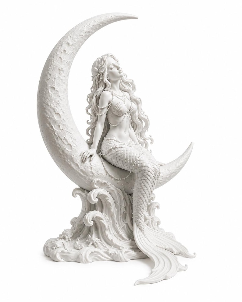 Puede incluir: Escultura blanca de una sirena sentada en una luna creciente. La sirena tiene cabello largo y suelto, un top de concha y una cola escamada. La luna est&aacute; texturizada y la base representa olas oce&aacute;nicas.