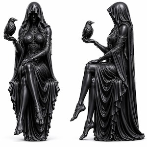 May include: A matte black statue of a hooded figure sitting with legs crossed, wearing a detailed bodice and flowing gown. The figure holds a raven in one hand and features intricate chain-like embellishments on the shoulders and feet.