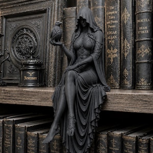 May include: A matte black figurine of a hooded figure sitting with legs crossed, holding a small raven in one hand. The figure wears a long, draped gown with intricate lace-up detailing on the bodice and sleeves, and a delicate anklet on one foot.