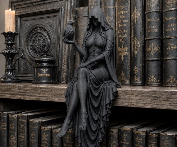 Gothic Raven Shelf Sitter, Dark Feminine Statue, Witchy Bookshelf Decor, Reaper Figurine