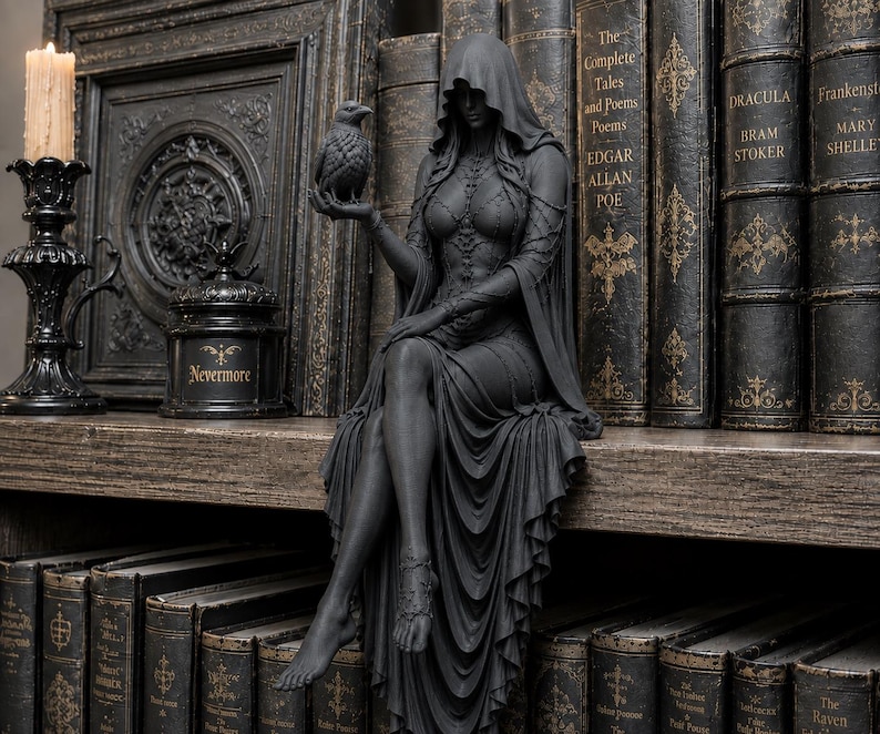 May include: A matte black figurine of a hooded figure sitting with legs crossed, holding a small raven in one hand. The figure wears a long, draped gown with intricate lace-up detailing on the bodice and sleeves, and a delicate anklet on one foot.