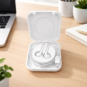 Puede incluir: Auriculares internos blancos enrollados dentro de un estuche blanco cuadrado con bisagras. El estuche está abierto, revelando los auriculares y un cable blanco. El estuche está sobre una superficie de madera clara, con un portátil y otros objetos en el fondo.
