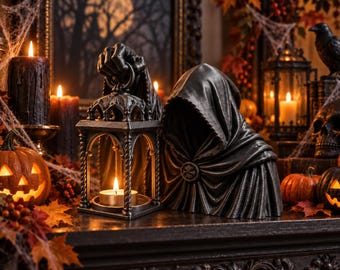 Portavelas Gótico con Figura Encapuchada, Farol Negro LED, Decoración de Halloween