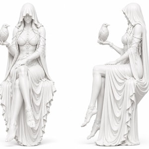 May include: A white monochromatic statue depicting a hooded figure in a flowing gown, seated with legs crossed. The figure wears intricate bodice detailing and delicate chains, holding a small bird in one hand. The sculpture is shown from two angles.