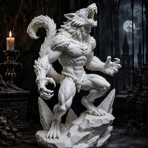 May include: A white, detailed figurine of a muscular werewolf standing on a rocky base. The creature is depicted in a dynamic, howling pose with its mouth wide open, sharp teeth visible, claws extended, and fur textured across its entire body.