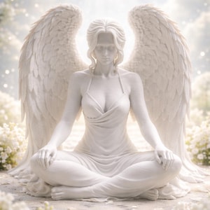 Tyst skyddsängelstaty, gotisk meditationsskulptur, fantasifull andlig dekor bild 1