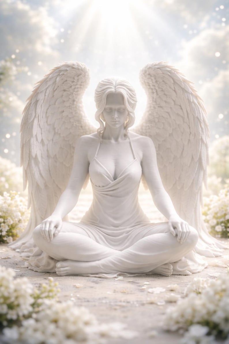 Tyst skyddsängelstaty, gotisk meditationsskulptur, fantasifull andlig dekor bild 1