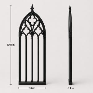 May include: A black, arched window frame with intricate tracery and a pointed top. The frame measures 10.0 inches in height, 3.6 inches in width, and 0.4 inches in depth, as indicated by the visible dimension lines and labels in the image.