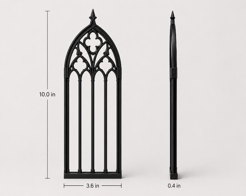 May include: A black, arched window frame with intricate tracery and a pointed top. The frame measures 10.0 inches in height, 3.6 inches in width, and 0.4 inches in depth, as indicated by the visible dimension lines and labels in the image.