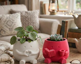 Heart & Cozy Reader Planter Pot, Heart Hands Succulent Holder, Kawaii Desk Decor