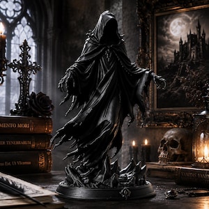 May include: A black hooded figure statue standing on a circular base, featuring tattered robes and outstretched hands. The figure is surrounded by gothic decor including books labeled Memento Mori, Liber Tenebrarum, and Mortuus Est, Ut Vivamus.