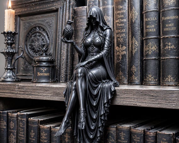 Gothic Raven Shelf Sitter, Dark Feminine Statue, Witchy Bookshelf Decor, Reaper Figurine