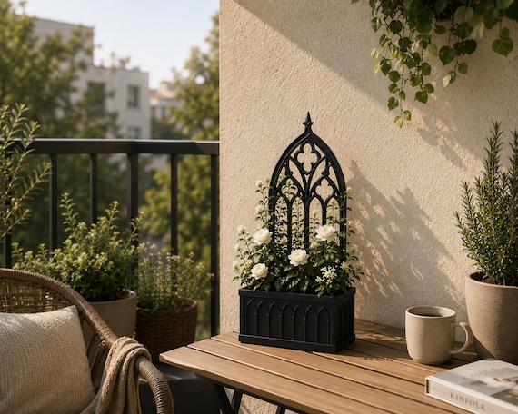 Gothic Cathedral Window Trellis Planter, Victorian Climbing Plant Pot