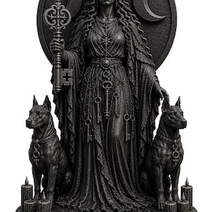 K&ouml;nnte beinhalten: Eine dunkelgraue Statue einer Figur mit langem, welligem Haar, die eine Krone mit einem Halbmond tr&auml;gt und einen verzierten Schl&uuml;ssel h&auml;lt. Die Figur wird von zwei Hunden flankiert und von sechs Kerzen auf einem runden Sockel umgeben.